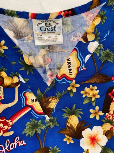 Crest Hawaii Theme Medical Scrub Top Aloha Hibiscus Island Lei Pineapple Rainbow - Picture 3 of 9