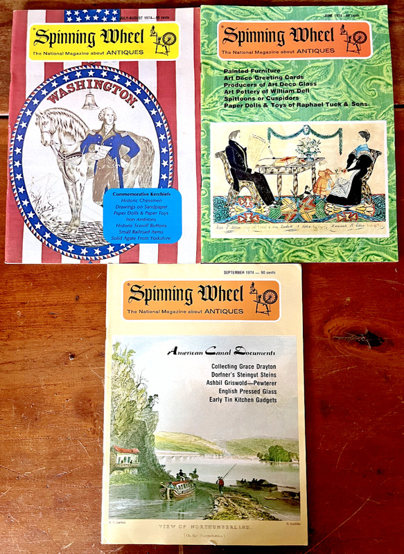 Spinning Wheel Magazine 1974 Lot of 3 Antiques Art Deco Greeting Cards Glass