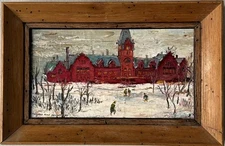 FRANCES BENNETT ANTIQUE MILWAUKEE SNOW LANDSCAPE OIL PAINTING OLD TRAIN WPA 1954
