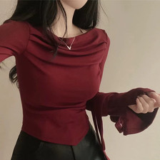 Women's One Shoulder Long Sleeve Top Pleated Detail Slim Fit Casual Shirt