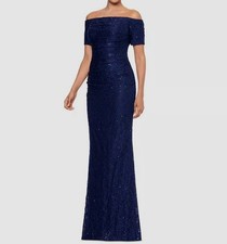 XSCAPE Women's Blue Off-the-Shoulder Lace Evening Gown Dress Petite Size 14P