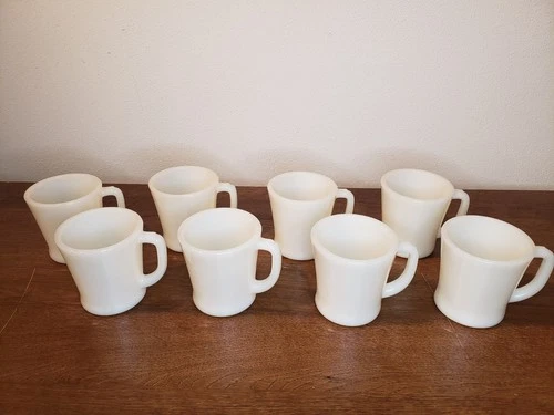 Lot Of 8 Vintage Fire-King WHITE MILK GLASS D Handle Coffee Mugs Cups Oven Ware