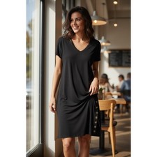 Madewell Black V-Neck Shift Dress Button Detail Short Sleeve Size S