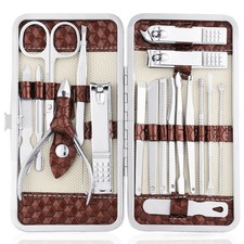 Nail Clippers Set 18 Pieces Stainless Steel Manicure Kit, 18 piece set, Brown