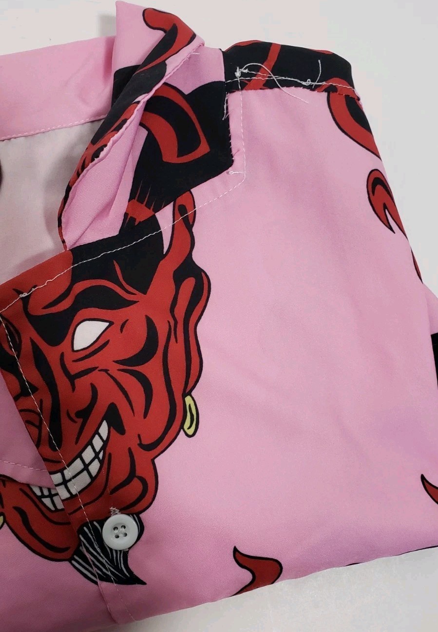 Polyester Pink & Red Devil Button-Down Short Slee… - image 5