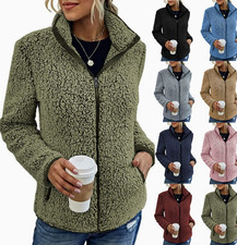 Womens Fuzzy Fleece Zip Up Jacket Casual Stand Collar Winter Warm Loose Coat