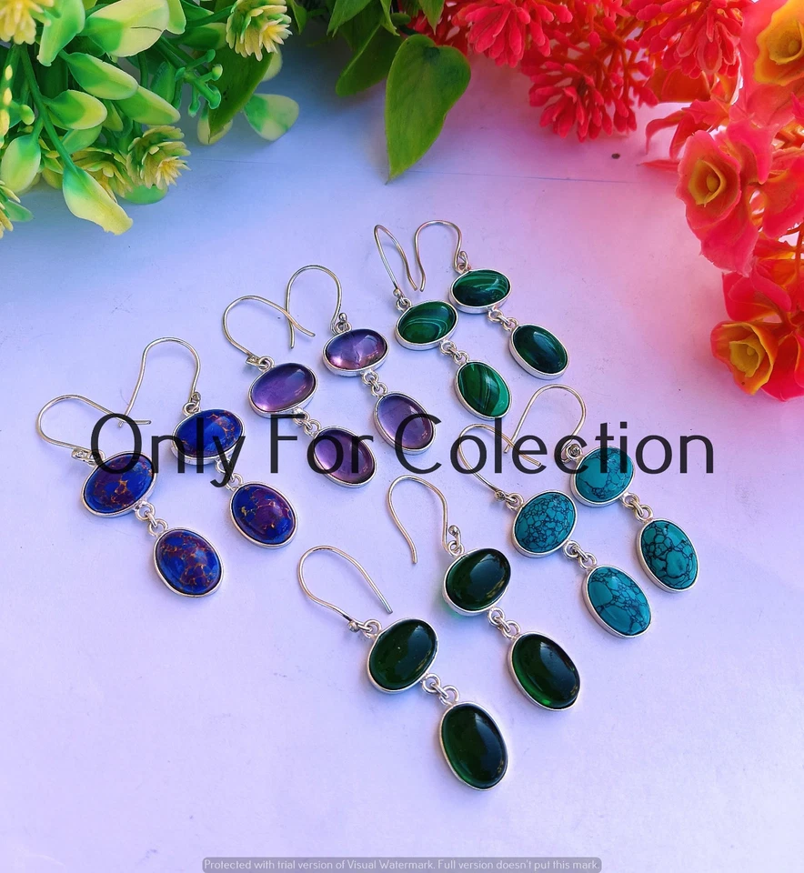 Lote de pendientes enchapados en plata de ley 925 de malaquita y mezcla de piedras preciosas joyería hippie Foto 2 de 2