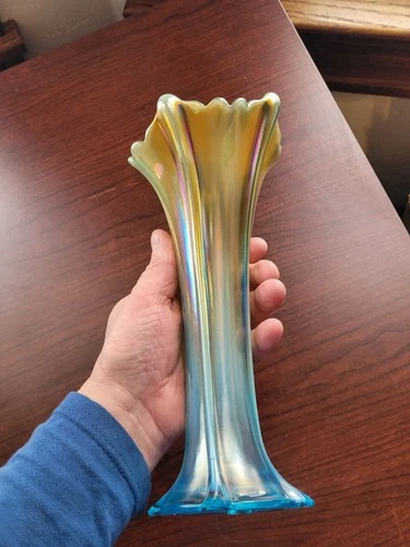 Sapphire Blue Opalescent Northwood Carnival Glass Four Pillars Vase Flakes