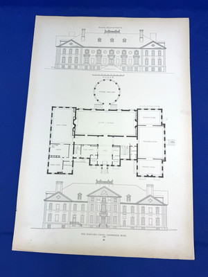 1925 Steel Plate Print The HARVARD UNION, Cambridge MA ~ Exterior & Floor Plan