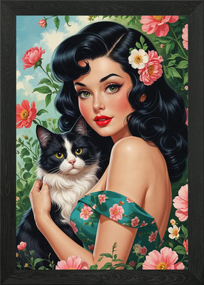 Brünette Pin-up mit süßer Katze Flora gerahmtes Wandbild Poster Leinwanddruck Bild