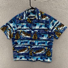 Vintage Hawaiian Holiday Shirt Men Small Blue Loop Collar 50s 60s Aloha Buttons