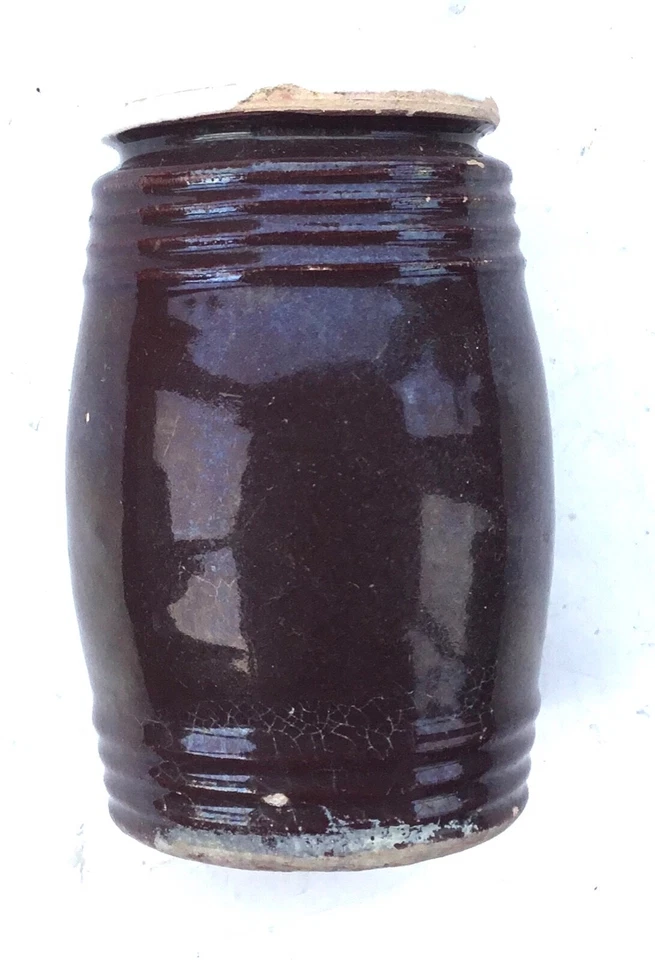 ANCIEN POT A MOUTARDE EN GRÈS VERNIS MARRON OLD MUSTARD POT   barattolo di senap - Photo 3/4