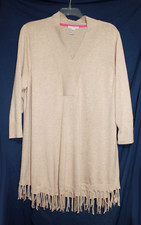 Isaac Mizrahi 2X Plus Beige Pullover Shawl Collar Fringed Tunic Sweater New