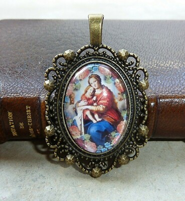 Pendentif Médaillon Vierge Marie En Bronze Avec Cabochon Verre - Style Vintage - Fait Main - Neuf Sans Emballage
