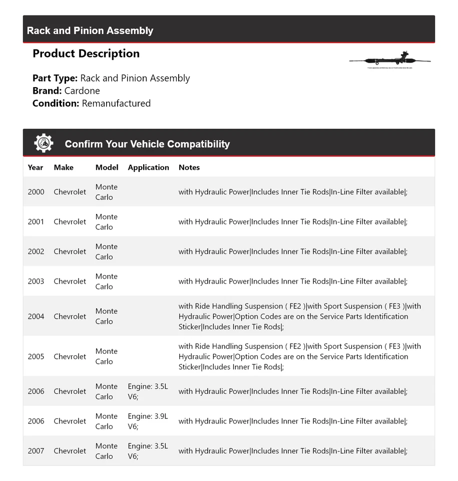Conjunto de piñón y cremallera Cardone 2001 2002 para Chevrolet Monte Carlo 2000-2007 Foto 2 de 4