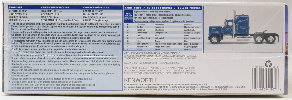 Revell Kenworth W900 Aerodyne 1/25 Scale Plastic Model Truck Kit