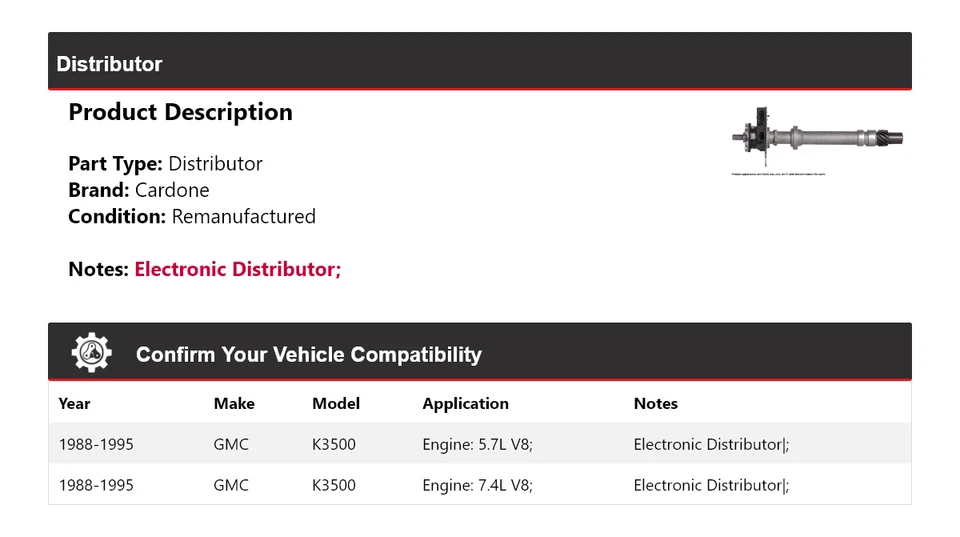 For 1988-1995 GMC K3500 Distributor Cardone 1989 1990 1991 1992 1993 1994 - Image 2 of 4