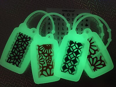TOWEL TAG id - Set/4 SEA GLASS GLOW in the dark towel name tags, camping, kids !