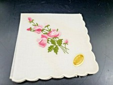 Vintage White Cotton Handkerchief Embroidered Blue Pink Roses Switzerland