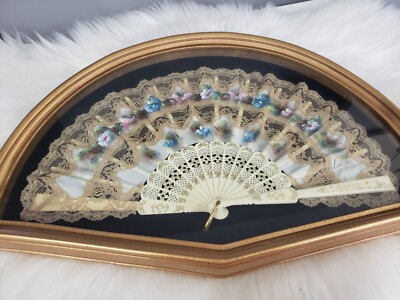 RARE WHITE LACE Antique Victorian fan framed glass flower garden
