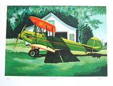 Arons FAIRCHILD Signed Lithograph, Aviation Art, Historic Biplane, Green Lawn