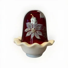Fenton 5980 I6 Fairy Lamp White Poinsettia On Cranberry Red Milk Glass Handpaint