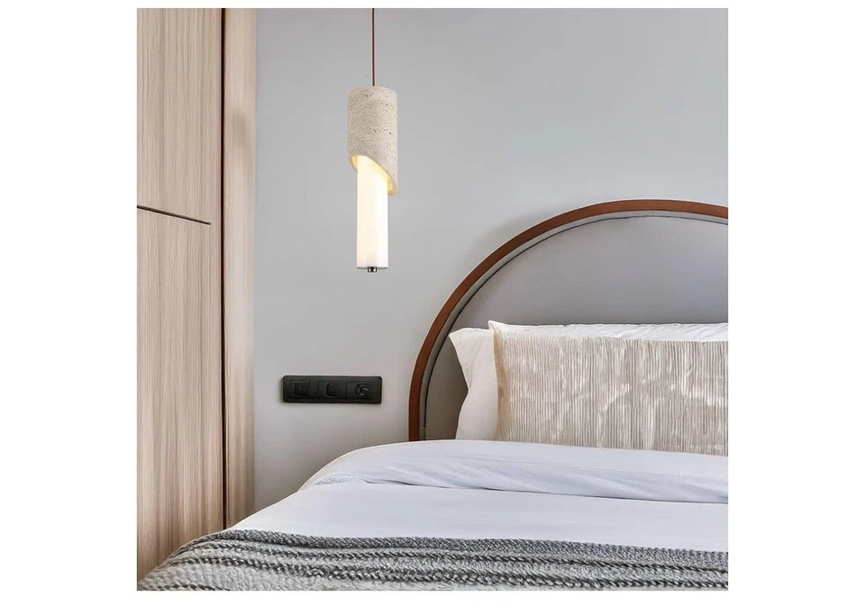 Modern Minimalist Travertine Cylinder Pendant Light, Natural & Acrylic Lamp - Image 4 of 4
