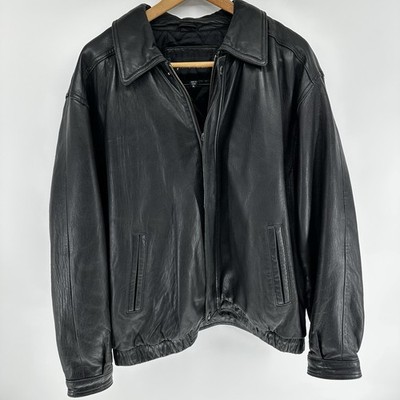 Pierre Cardin Black Leather Jacket XL Vintage 90s Zip Front Bomber Coat