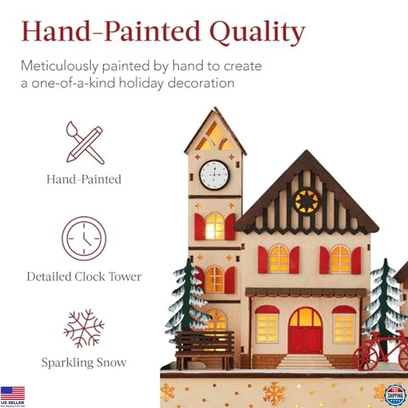 Pre-Lit Wooden Christmas Village Decor, LED Lights, Timer, Holiday Mantel - Image 2 of 4