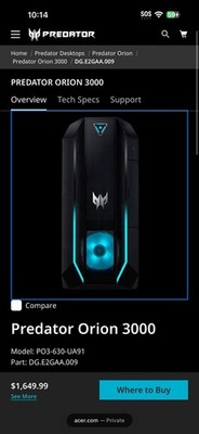Acer Predator Orion 3000 Gaming Desktop i7-11700F 16GB 1TB 512GB RTX 3070