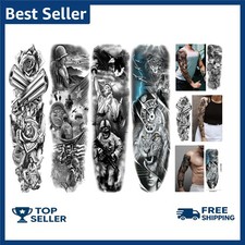 Military Sleeve Temporary Tattoos for Men Women, Black Full Arm War Soilder Lion