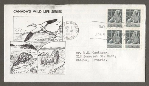 Canada first day cover, 335, Walrus block of 4 , unusual cachet [102