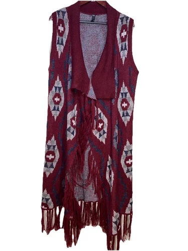 Aztec Southwest Print Fringed Open Front Sleeveless Cardigan Vest XL Cowgirl