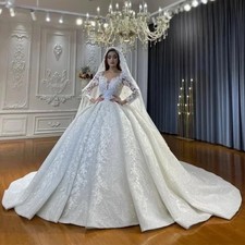 Beaded Muslim Wedding Dresses Long Sleeves Round Neck A-line Lace Bridal Dresses
