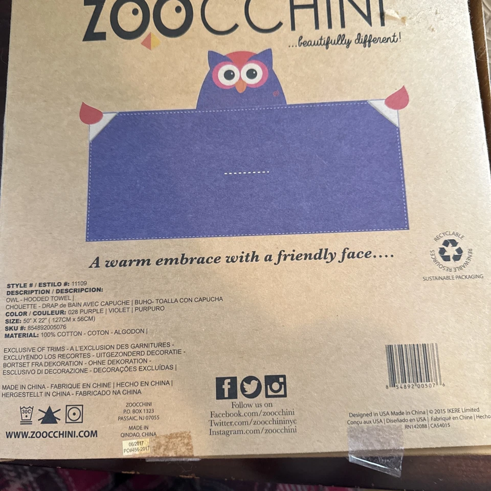 Zoocchini Kids Baby Hooded Purple Owl Beach Bath Towel 50" x 22" - Image 4 of 4