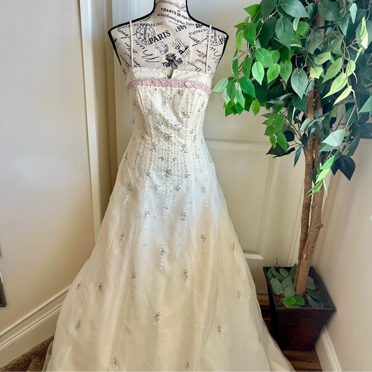 Mori Lee Strappy Tulle Beaded Formal Gown White Pink Sz