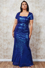 Goddiva sz 22 Sequin Portrait Neckline Maxi Dress in Vivid Blue Sequins Fabulous