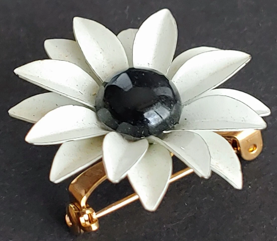 Vintage Cora Flower Brooch Small White Metal Flower Pin With Black Center