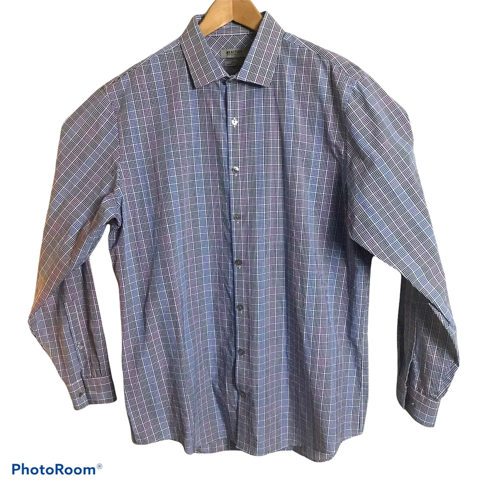 Camisa de vestir Kenneth Cole Reaction para hombre 17 34/35 a cuadros calce ajustado Dry-Tek fácil cuidado Foto 3 de 4