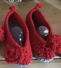Red With Gray RoseHand Crochet Baby Booties, Size 5, gift packaging included