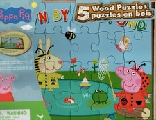 Peppa Pig 5 Wood Puzzles With Tray/Storage New