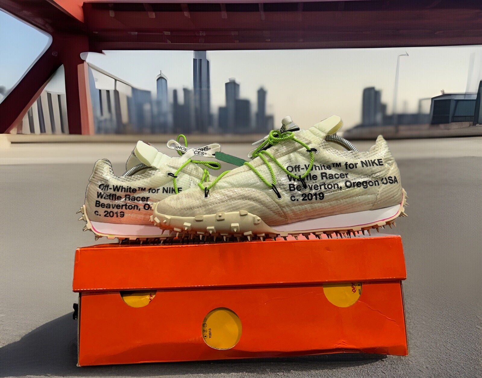 OFF WHITE X NIKE Nike x OFF WHITE Waffle Racer Donna 12 Uomo 10.5 CD8180 100 Bianco Verde Elettrico