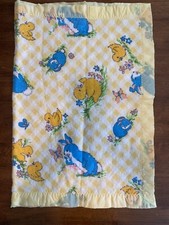 Vintage Bunny Baby Blanket Acrylic Satin Trim Ducks Yellow Butterfly 51 x37