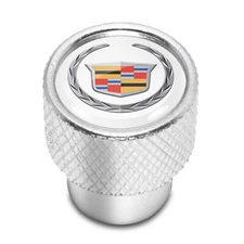 Cadillac Logo in White on Shining Silver Aluminum Tire Valve Stem Caps