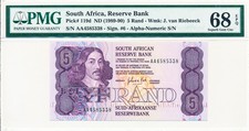 Reserve Bank South Africa 5 Rand ND(1989-90) Prefix AA PMG  68EPQ