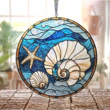 Seashell Coastal Stained Glass Style Suncatcher Window Hanging Decor