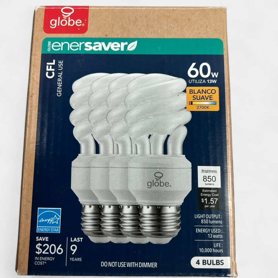 Globe EnerSaver 13W/60W CFL 2700k Bulbs Soft White (4 CFL Pack) 10,000 hrs - Image 2 of 4