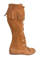 Minnetonka Knee High Boot Front Lace Up Leather Moccasin 8 Fringe Suede Pioneer