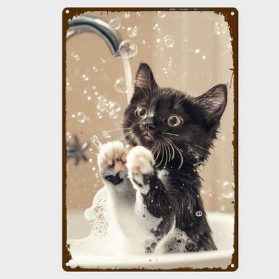 Blechschild Katze nimmt Schaumbad Vintage Nostalgie Metallschild TEL4404