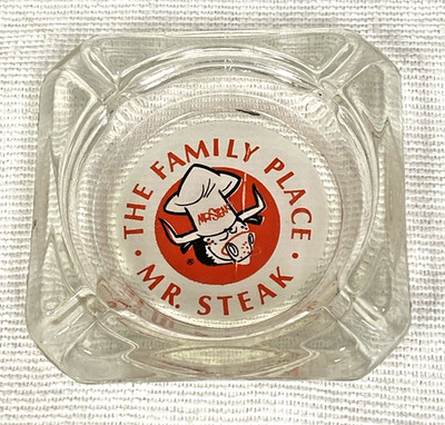 Vintage Advertising Mr Steak Family Restaurant Red Bull Chef Hat Glass Ashtray
